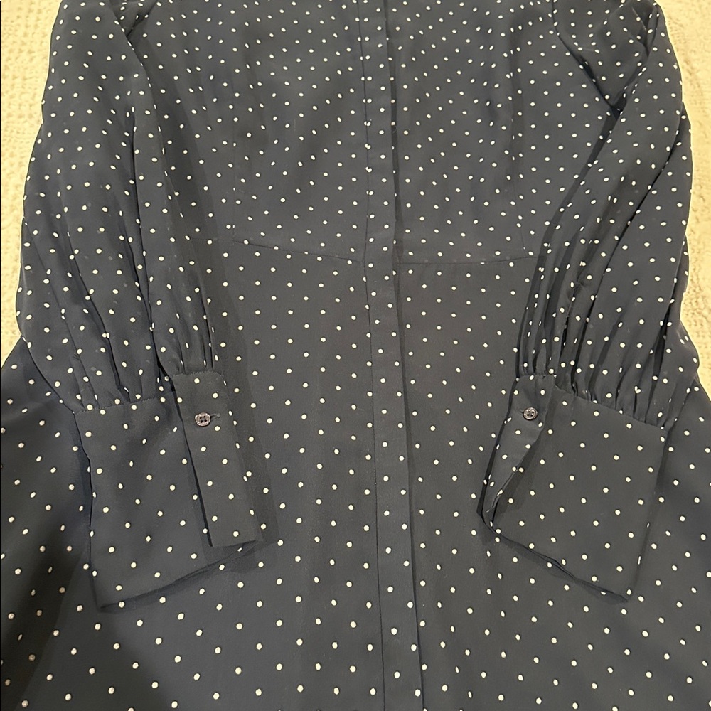 MASSIMO DUTTI Navy Blue Flocked Polka Dot Long Sleeve Fit & Flare Dress Women 10 - Picture 13 of 16